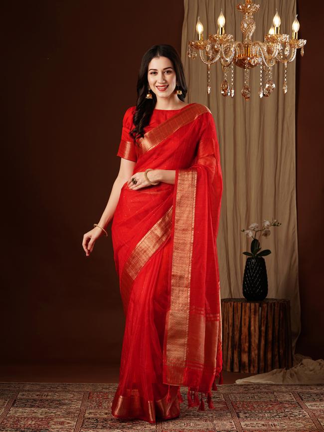 Organza Red Party Wear Zari Work Saree